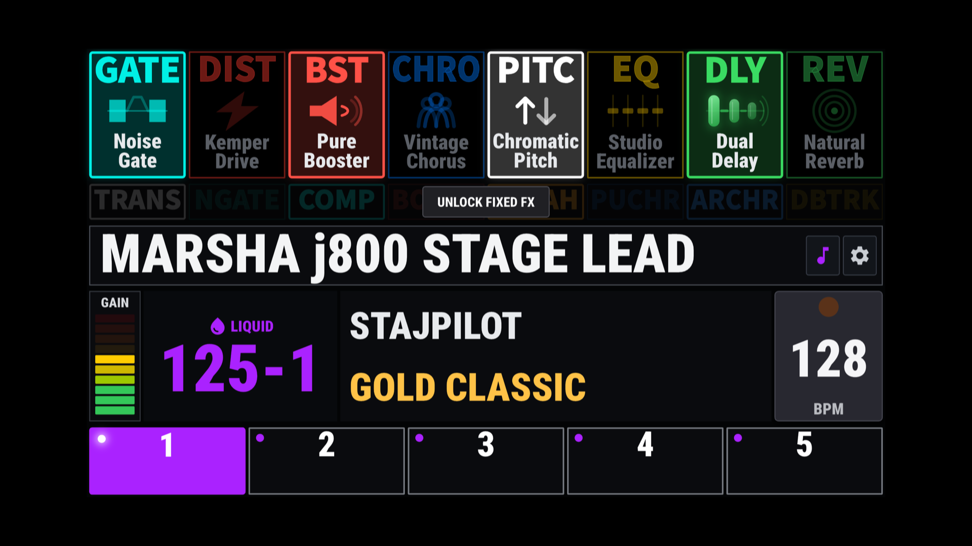 StajPilot's landscape controller with eight effect blocks, detailed effect names, Fixed FX, rig information, gain, tempo and five slots