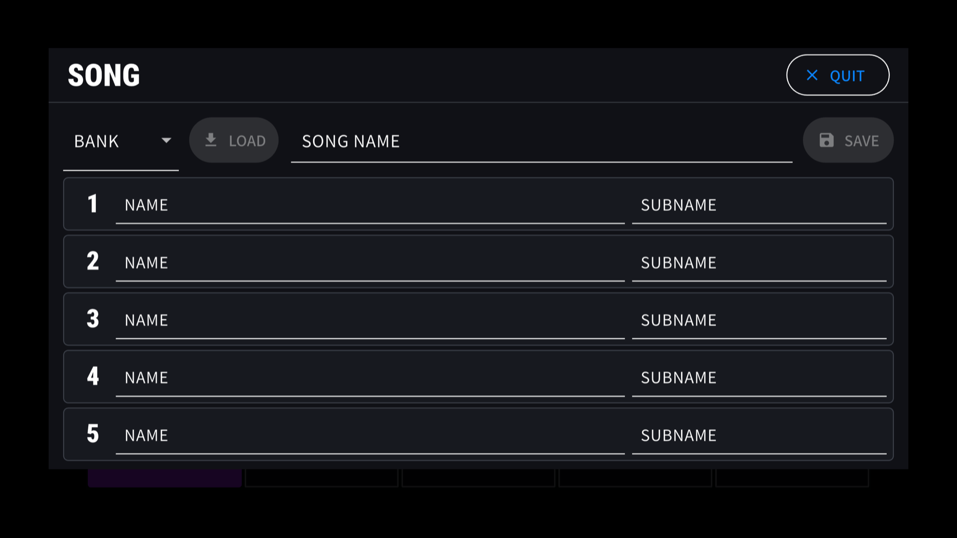 StajPilot Song editor with a song name and five slot name and subname entries