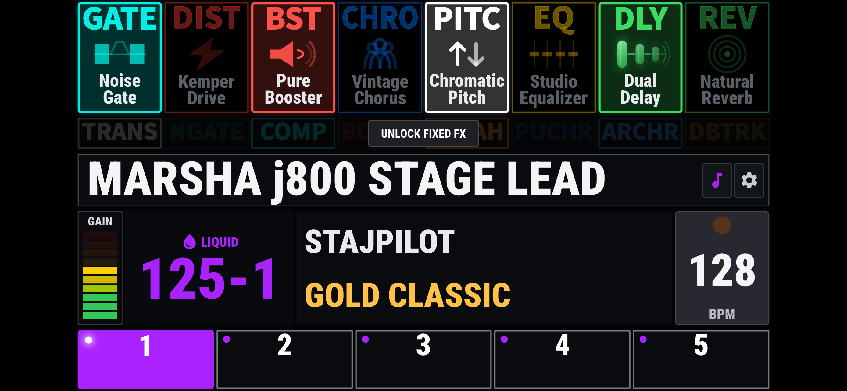 StajPilot's landscape controller showing eight effect blocks, detailed effect names, Fixed FX, rig information, gain, tempo and five slots