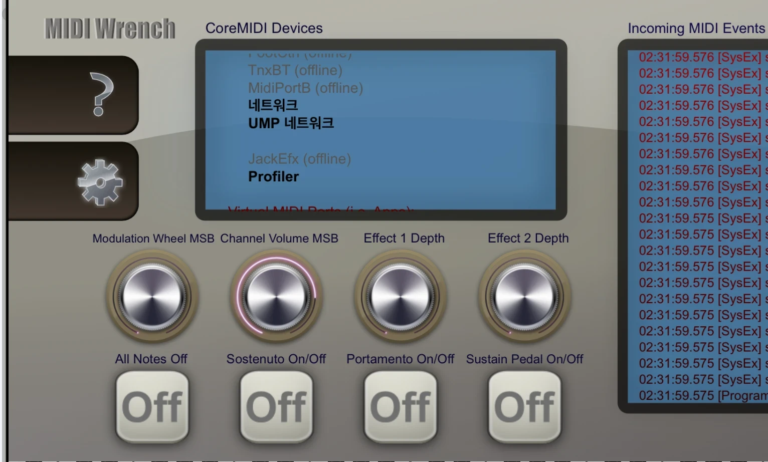 MIDI Wrench lists Profiler as a CoreMIDI device and shows incoming MIDI events. Unrelated personal device names are covered.