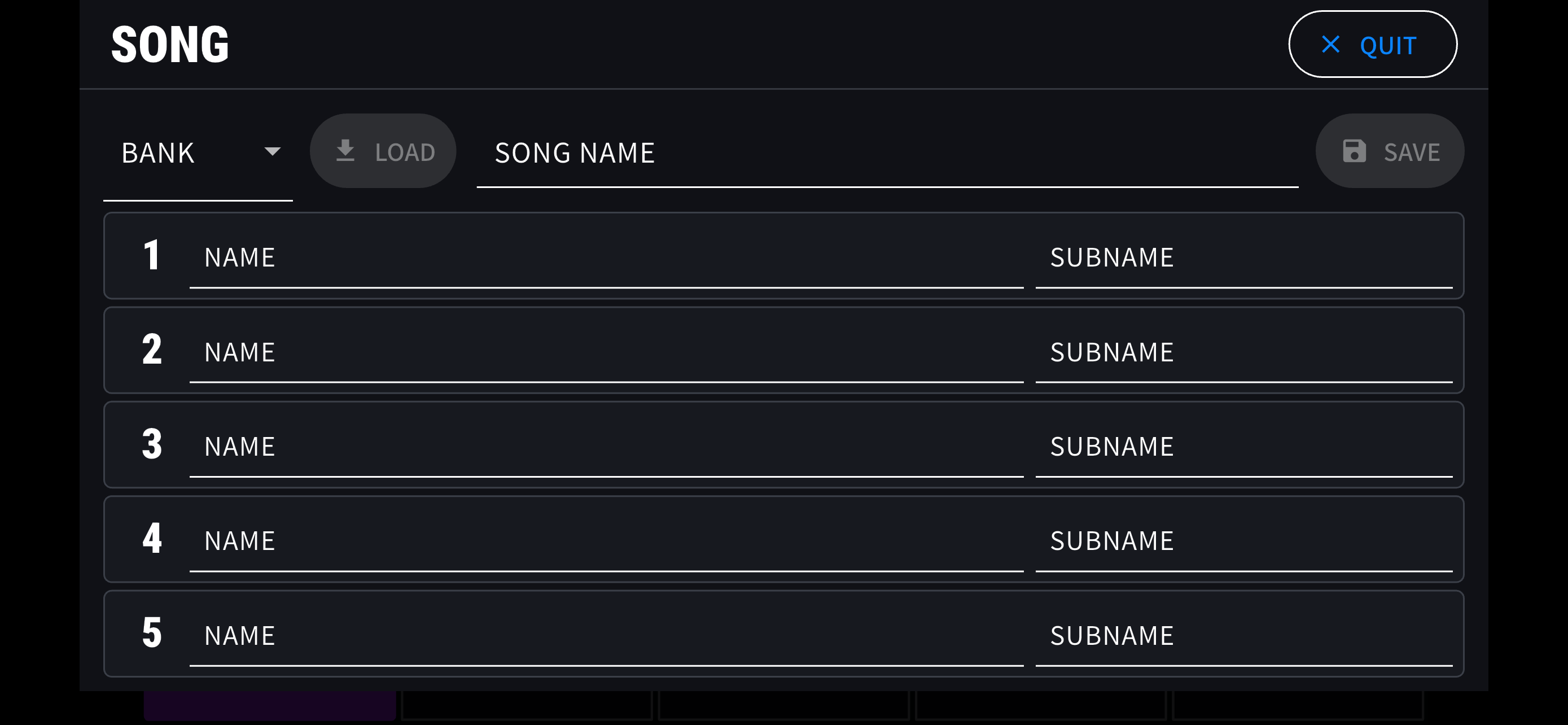 StajPilot Song editor with a song name and five slot name and subname entries